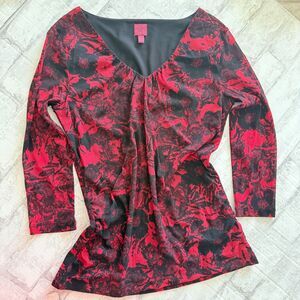 212 Collection Red Floral V-Neck 3/4 Sleeve Y2K Inspired Sheer Lined Top XS